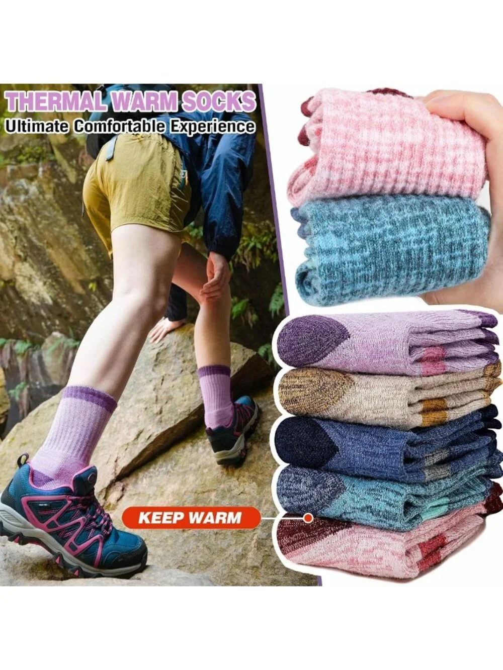 Cozy Merino Wool Hiking Socks - Thermal, Cushioned, Moisture-Wicking, 5 Pairs